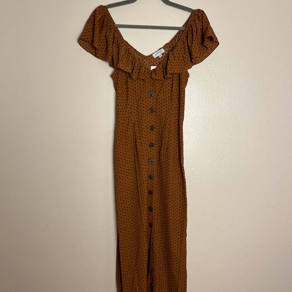 Barneys New York Rust Brown Dot Off-Shoulder Maxi Dress